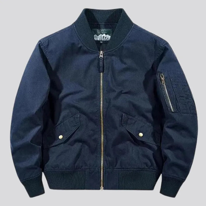 Medium length rubber hem men's jean bomber jacket