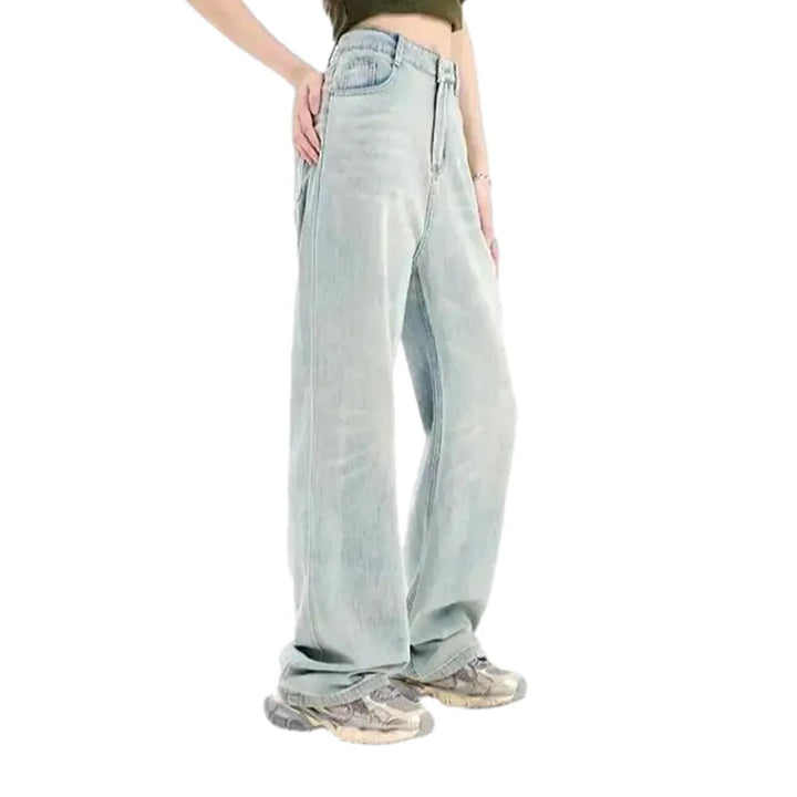 Loose Fit Aged Boho Style Women's Jeans - Light Blue