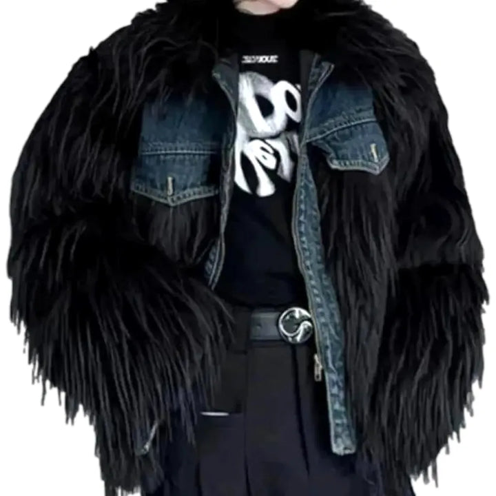 Oversized Fringe Fashion Men's Denim Jacket - Black