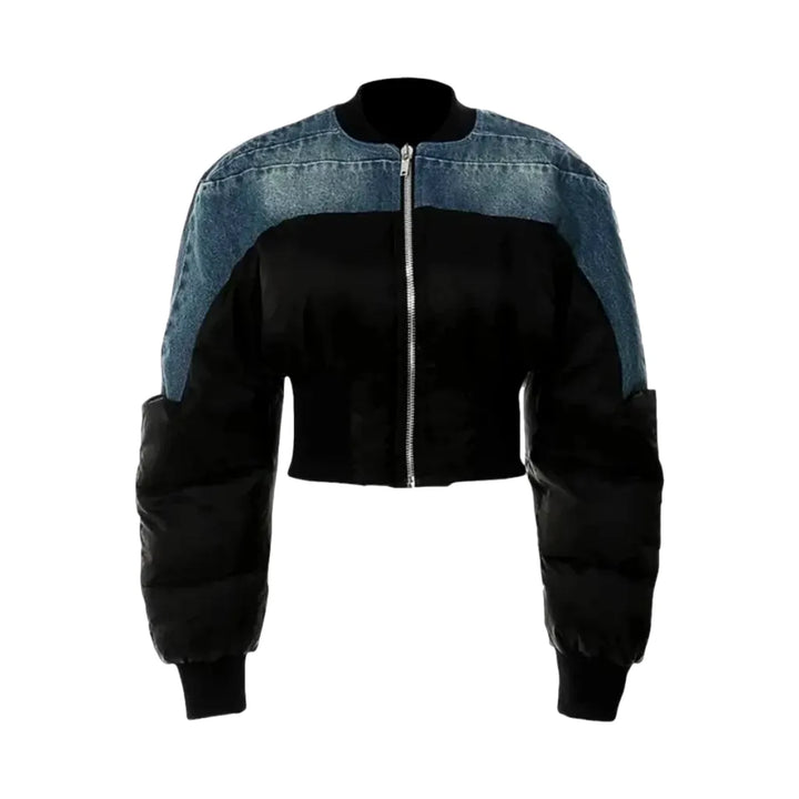 Trendsetting Crop Denim Puffer Jacket for Women - Black