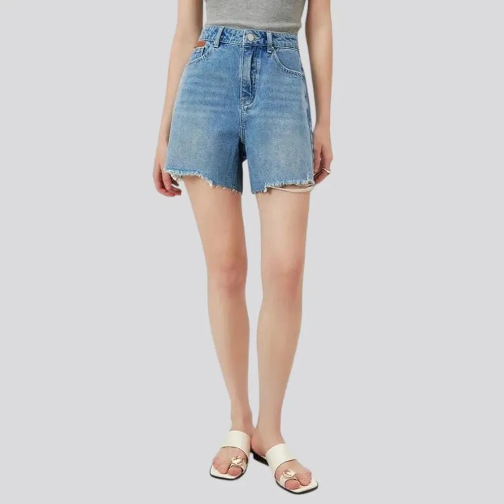 Torn raw hem wide fit women's denim shorts