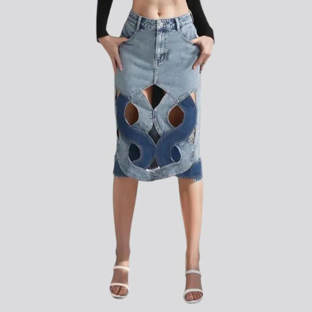 Hollow out high-waist jean skirt