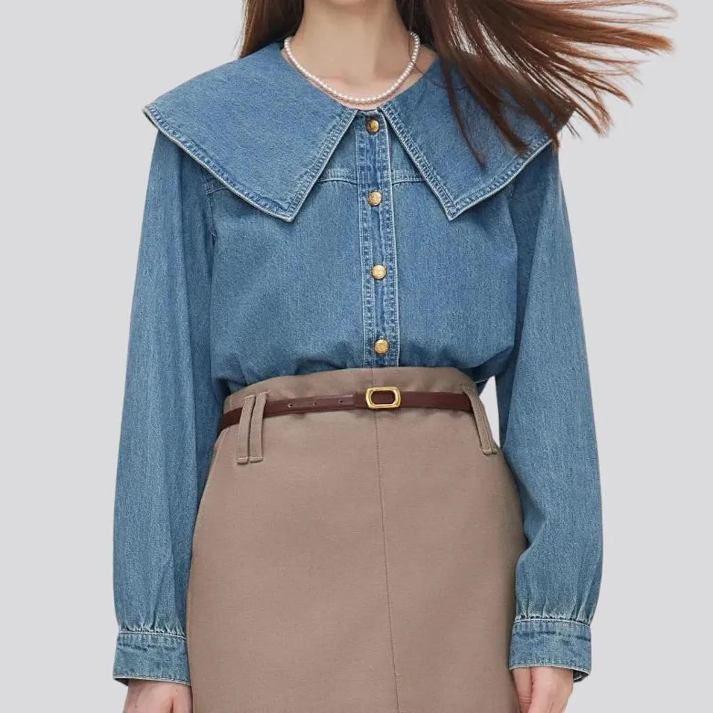 Trendy wide collar oversized women's jeans shirt