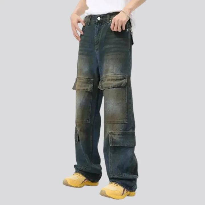 Baggy fit whiskered cargo jeans for men