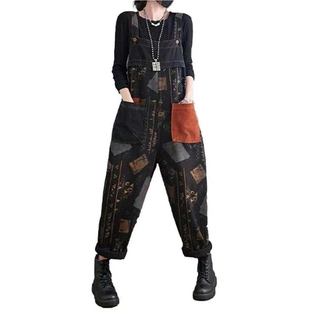 Baggy Painted Women's Jeans Dungaree - Black