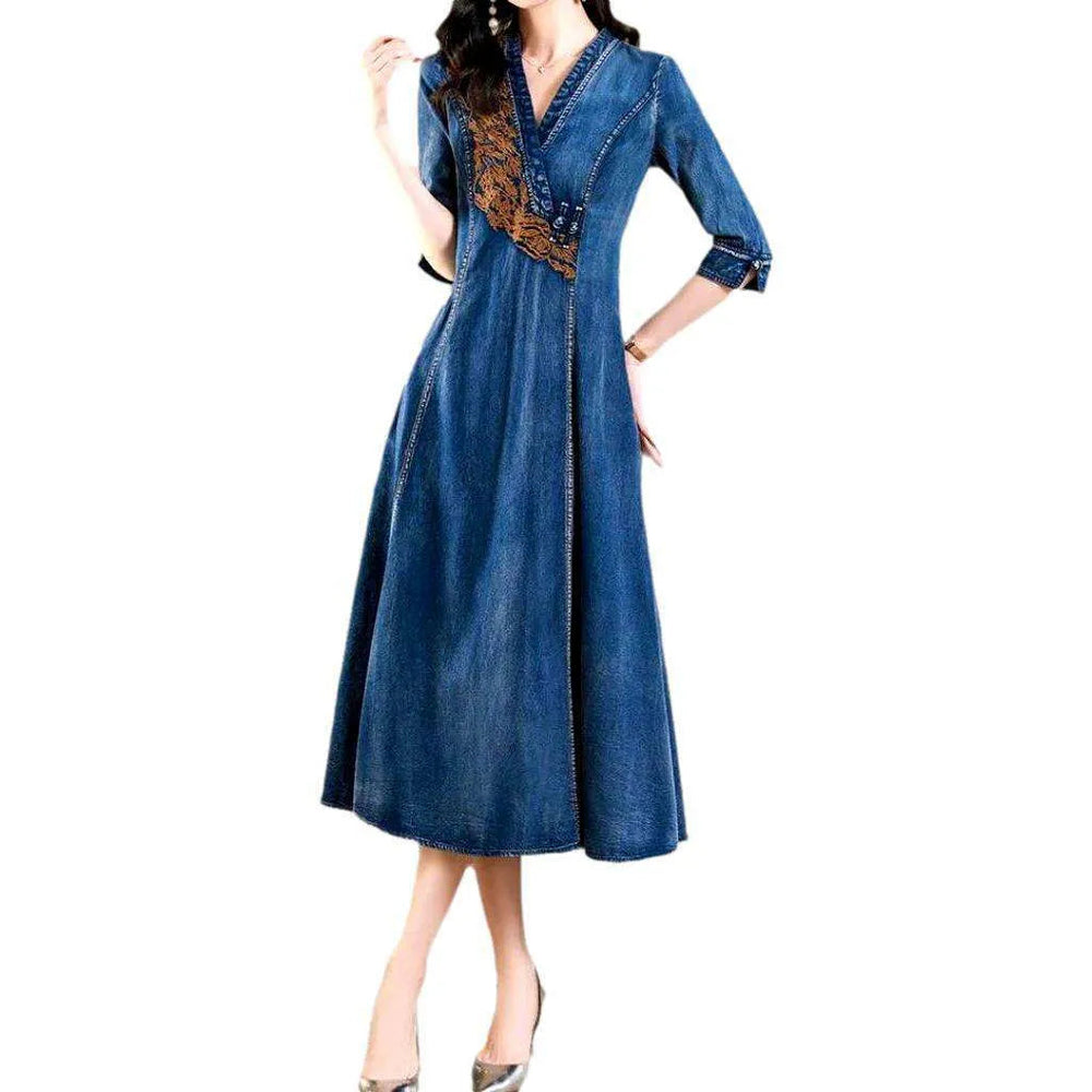 Bell-shaped Vintage Denim Dress - Blue