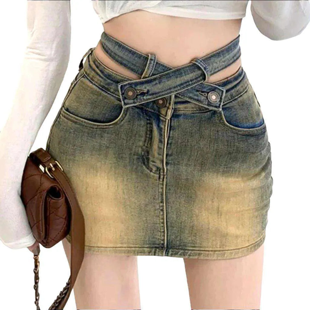 Belt waistband mini denim skirt