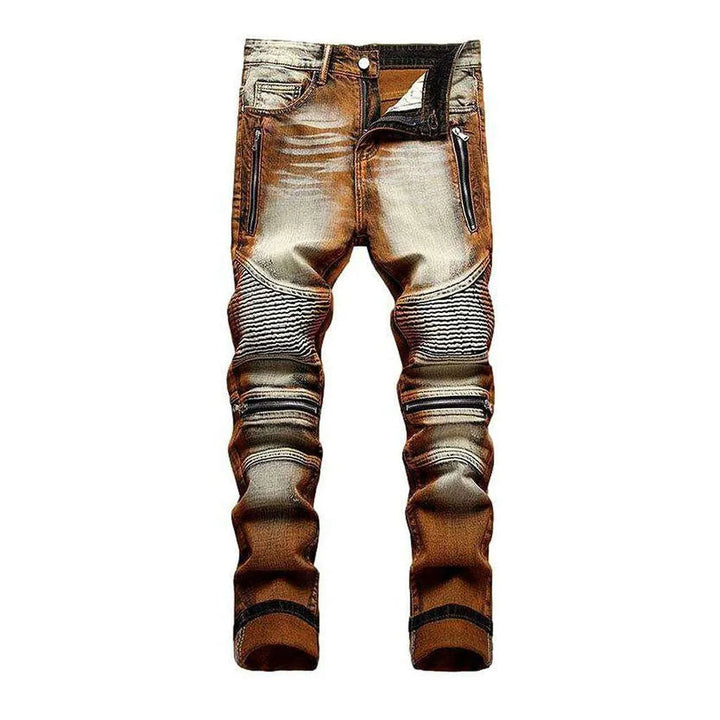 Bleach wash color biker jeans