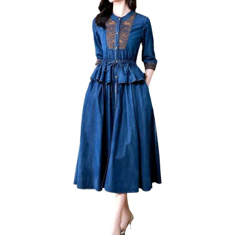 Boho Bell-shaped Jean Dress - Blue