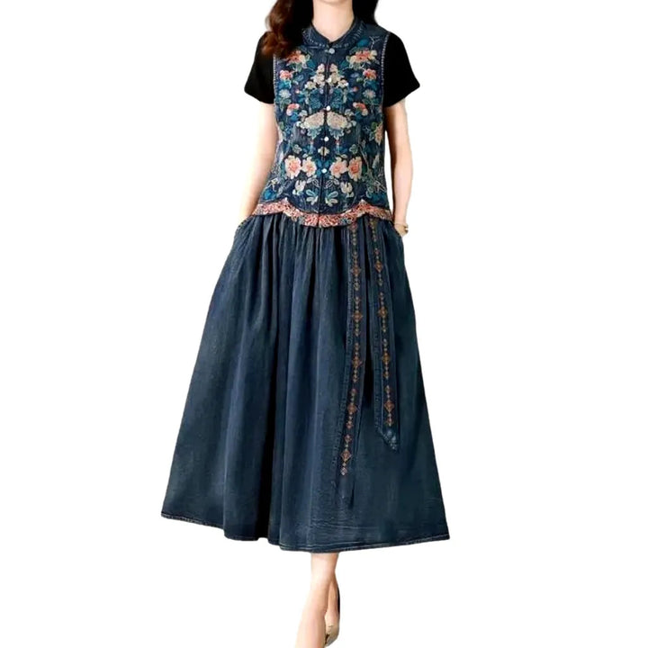 Boho Dark-wash Denim Dress - Dark Blue