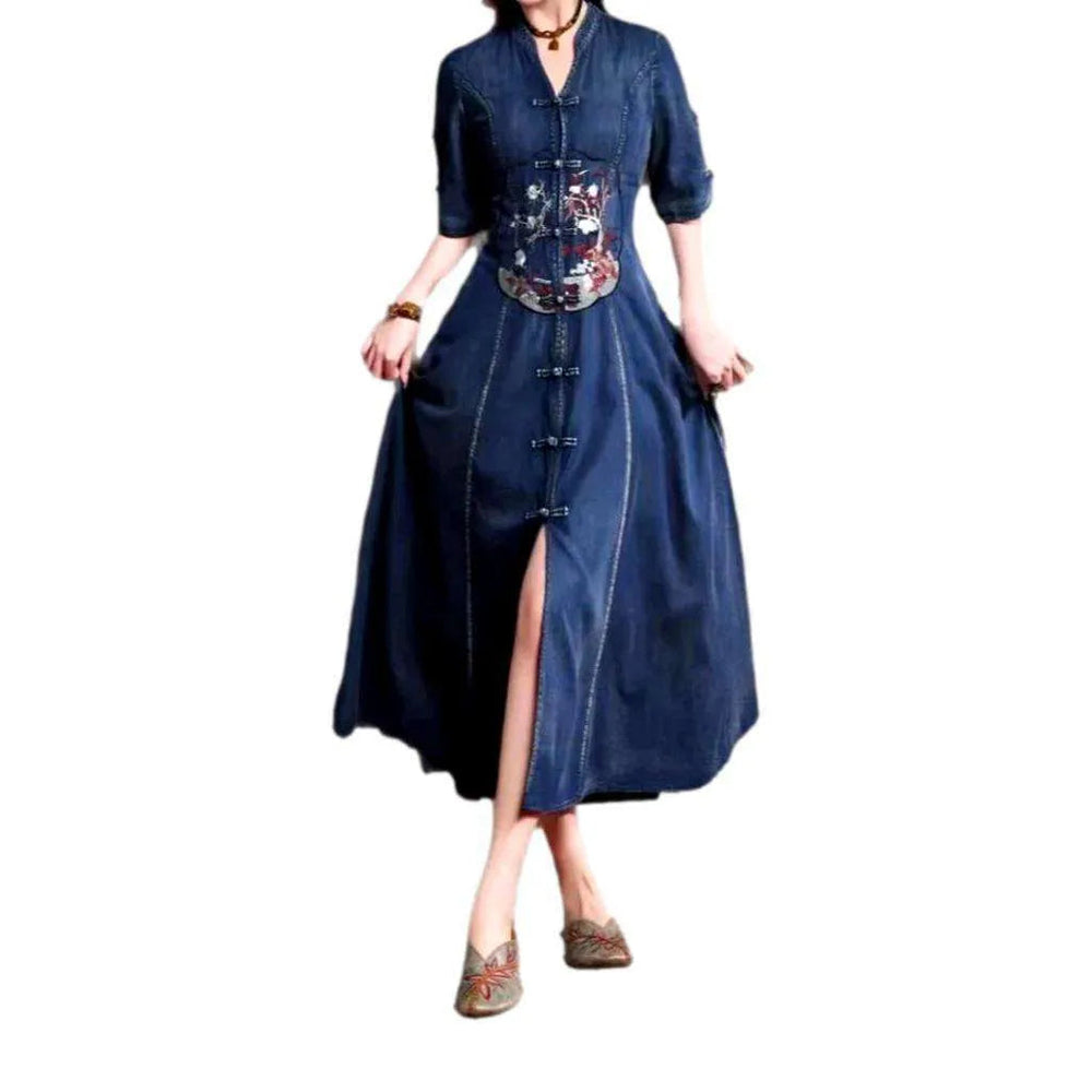 Boho Embroidered Denim Dress - Dark Blue