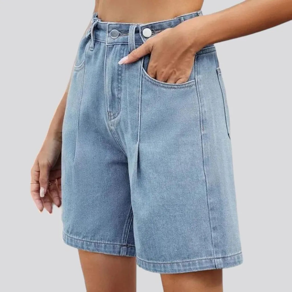 wide-leg, stonewashed, front-seams, adjustable-waistline, high-waist, zipper-button, women's shorts | Jeans4you.shop