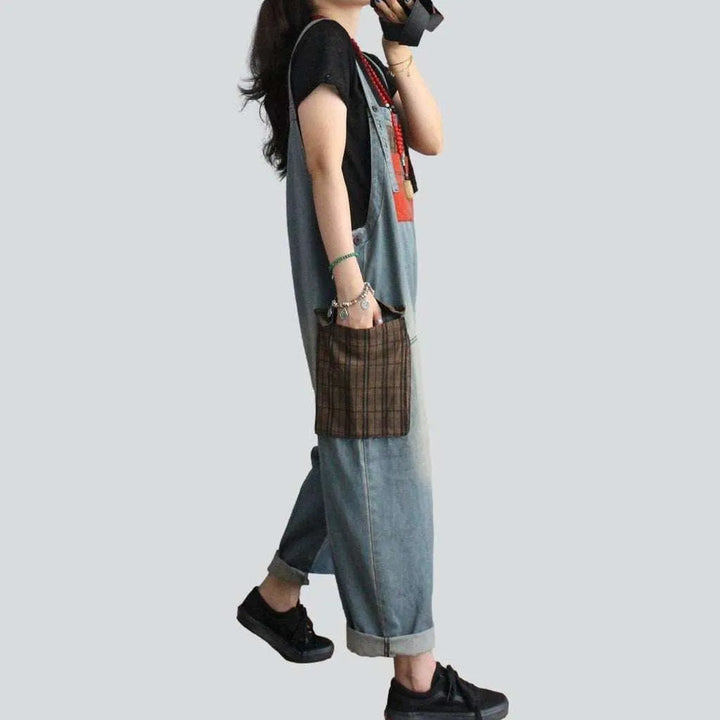 Checkered pockets women's denim overall