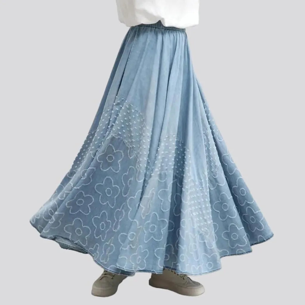 long, embroidered, light-wash, high-waist, rubber, women's skirt | Jeans4you.shop