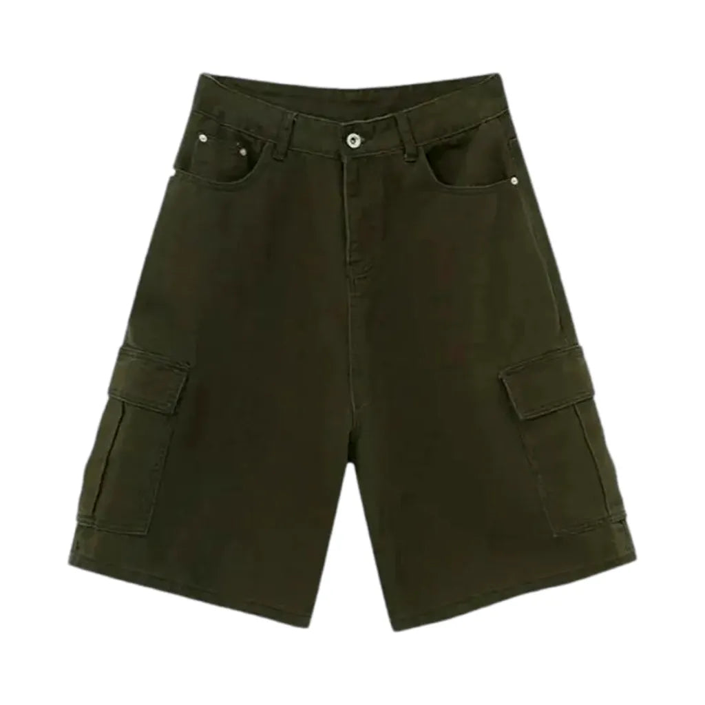 Baggy Cargo Style Mid Rise Men's Denim Shorts - Khaki