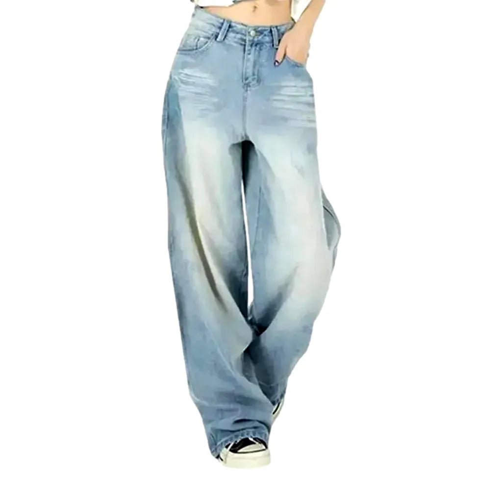 Retro Pattern Slouchy Fit Jeans for Women - Light Blue