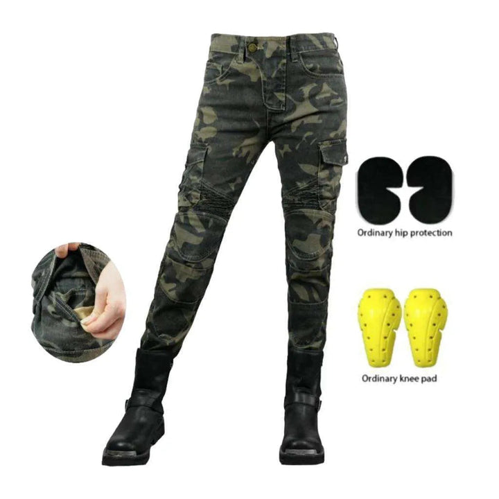 Camouflage khaki women's biker jeans