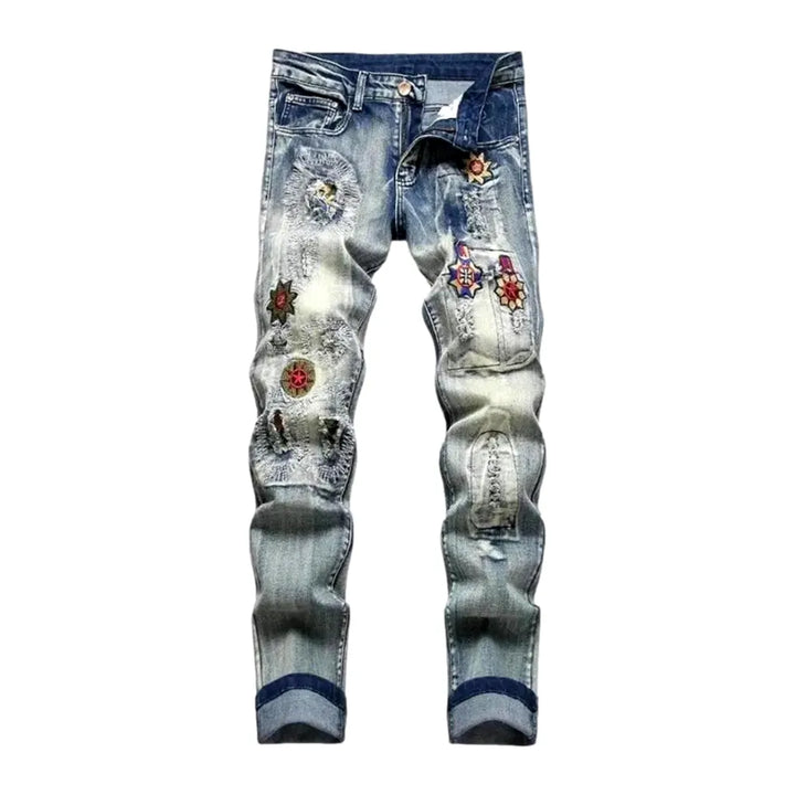 Vintage Embroidered Street Style Men's Jeans - Blue