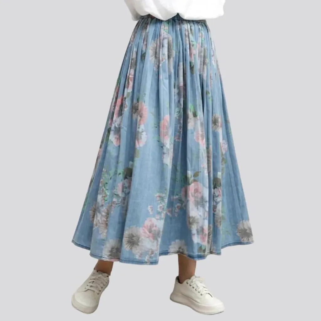 long, painted, flower-print, light-wash, pleated, fit-and-flare, high-waist, rubber, women's skirt | Jeans4you.shop