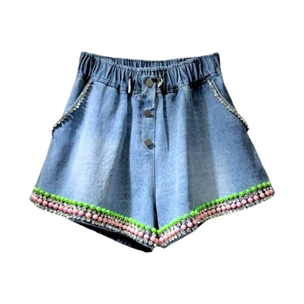 Color pearl hem denim shorts