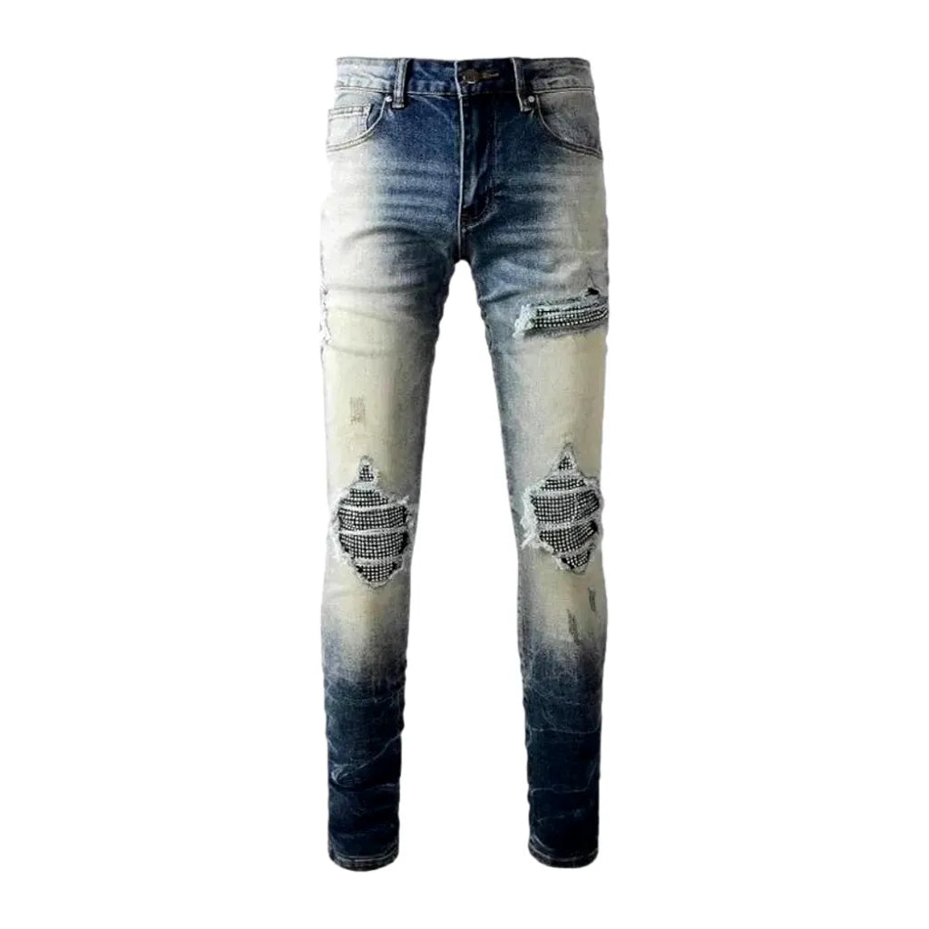 Crystal-patch men's vintage jeans