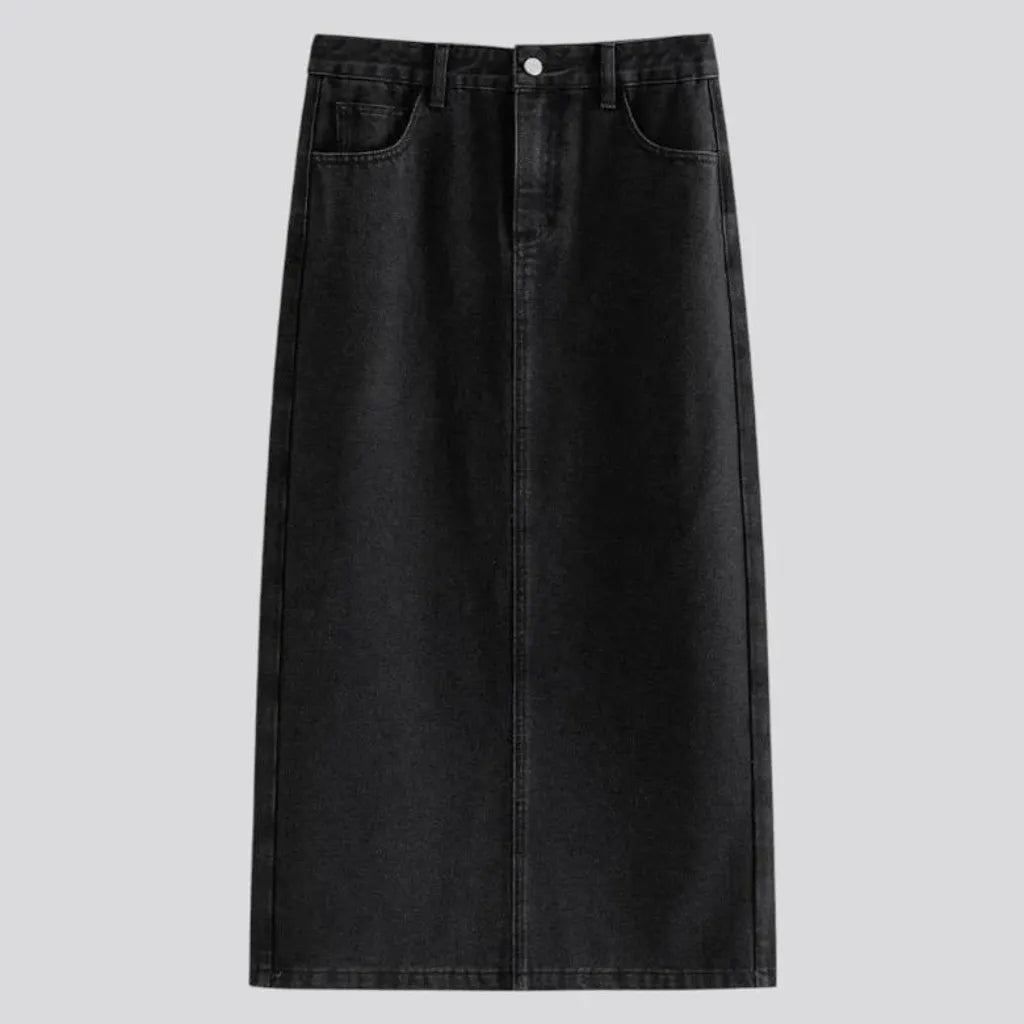 Maxi length high waist jeans skirt