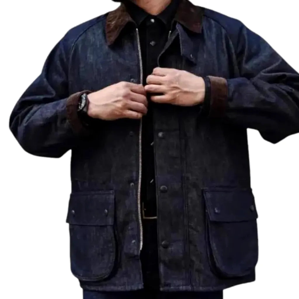 Medium Length Casual Stylish Men's Denim Coat - Dark Blue