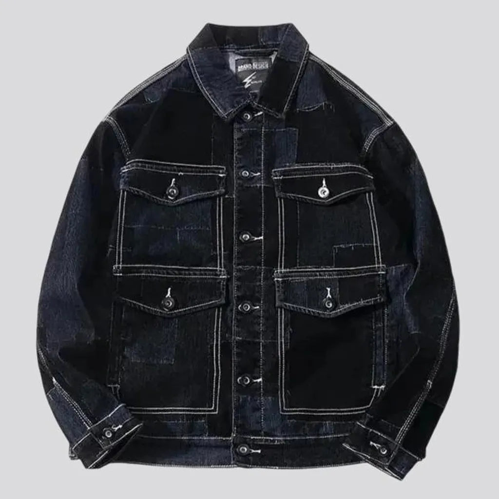 Cargo pockets trendy patchwork men's denim jacket