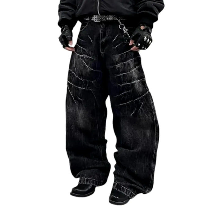 Boho Style Baggy-leg Faded Men's Jeans - Black