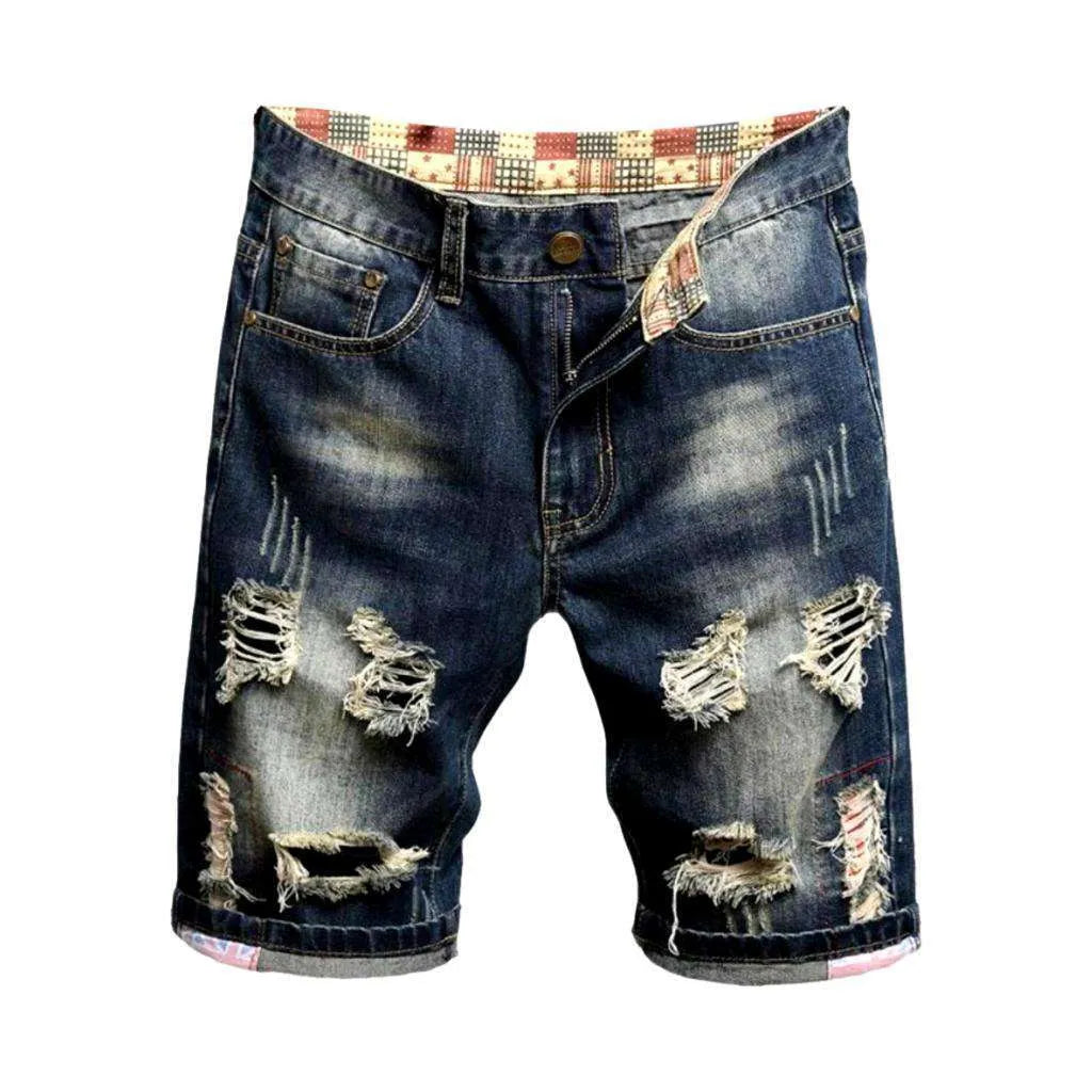 Dark retro distressed denim shorts