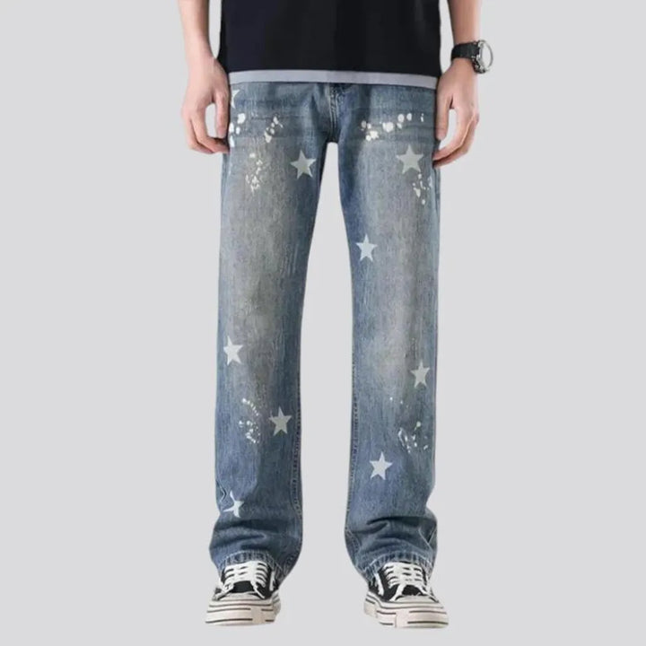 Whiskered boho style loose fit men's jeans