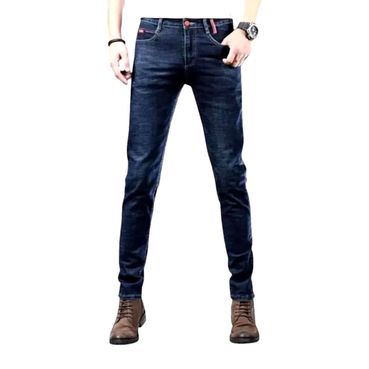 Fitted Mid Rise Elastic Men's Jeans - Dark Blue