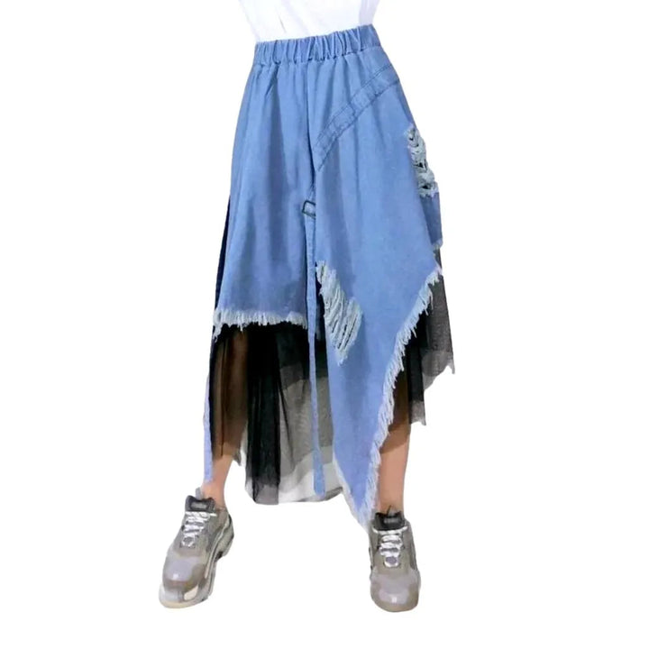 Distressed urban midi denim skirt