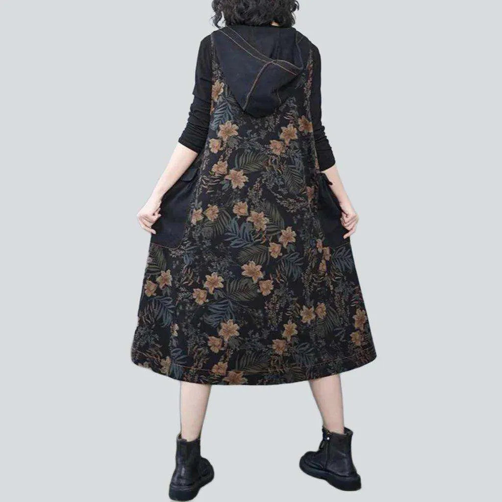 Flower print black denim dress