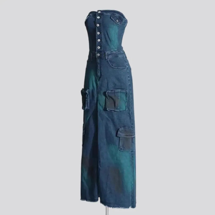 Raw hem cargo pockets denim dress