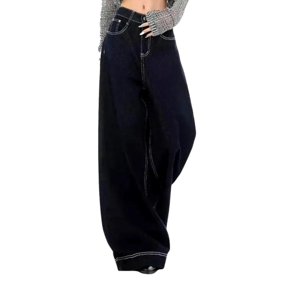 Boho Style Baggy-fit Women's Jeans - Dark Blue