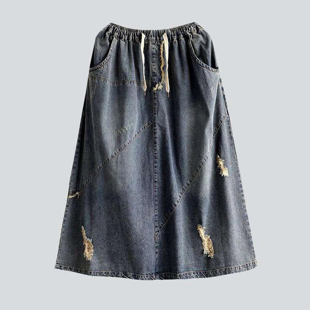 Ripped patchwork long denim skirt