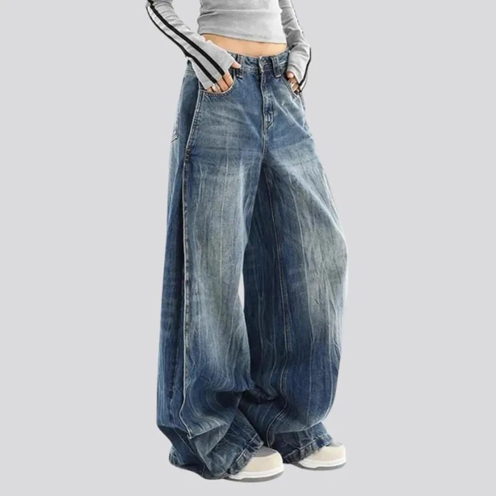 Baggy-leg high-rise faded wash jeans for ladies