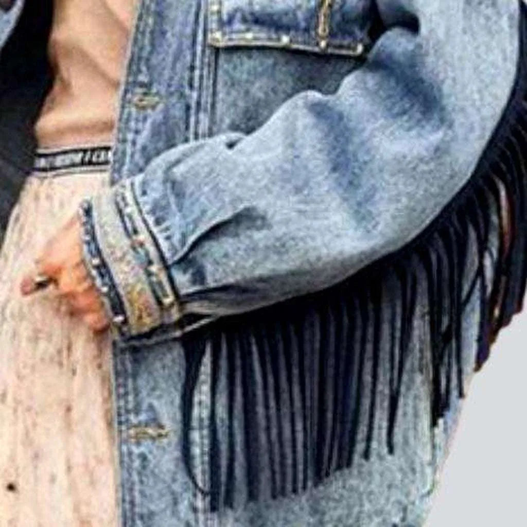 Embroidered fringe denim jacket for ladies