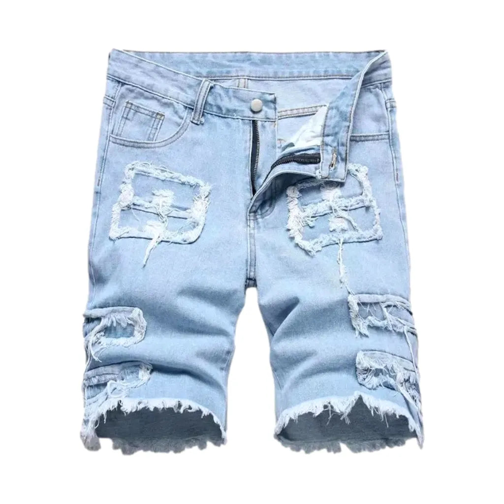 Grunge Street Style Raw Hem Men's Denim Shorts - Light Blue