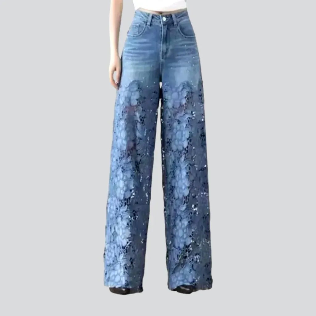 Lace-embroidery street jeans