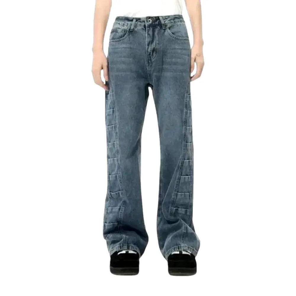 Whiskered Baggy-fit Street Men's Jeans - Blue