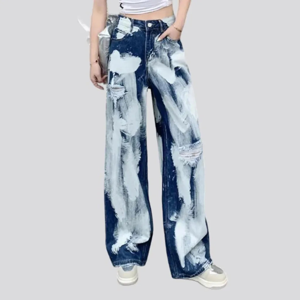 baggy, painted, medium-wash, white-stains, mid-waist, zipper-button, women's jeans | Jeans4you.shop