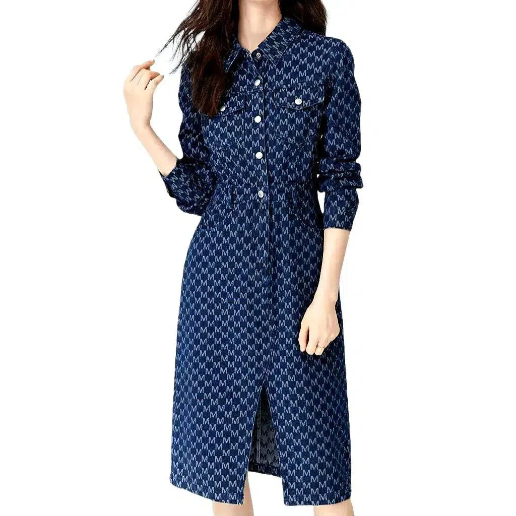 Embroidered Boho Denim Dress - Blue