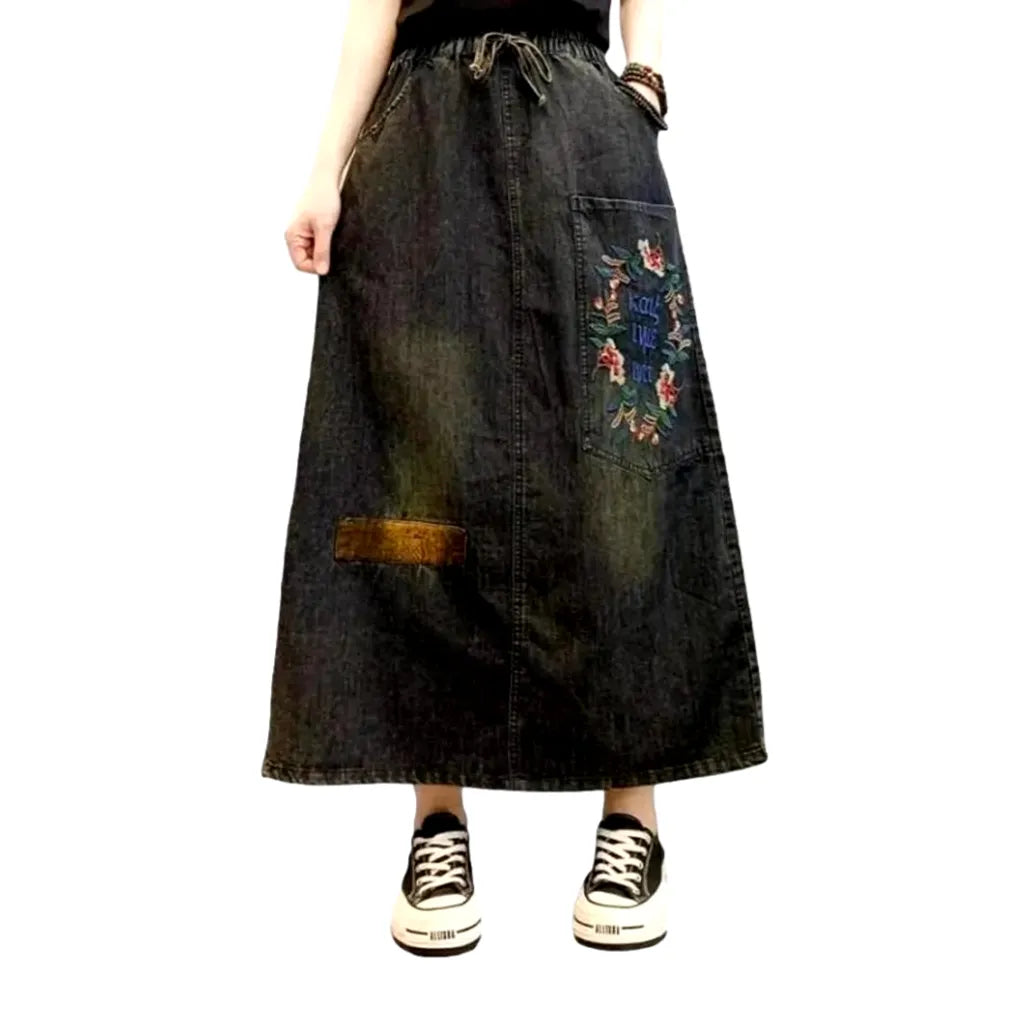 Embroidered boho women's denim skirt