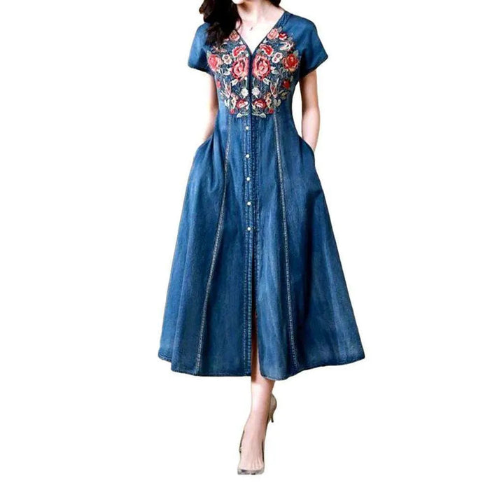 Embroidered City Style Denim Dress - Blue