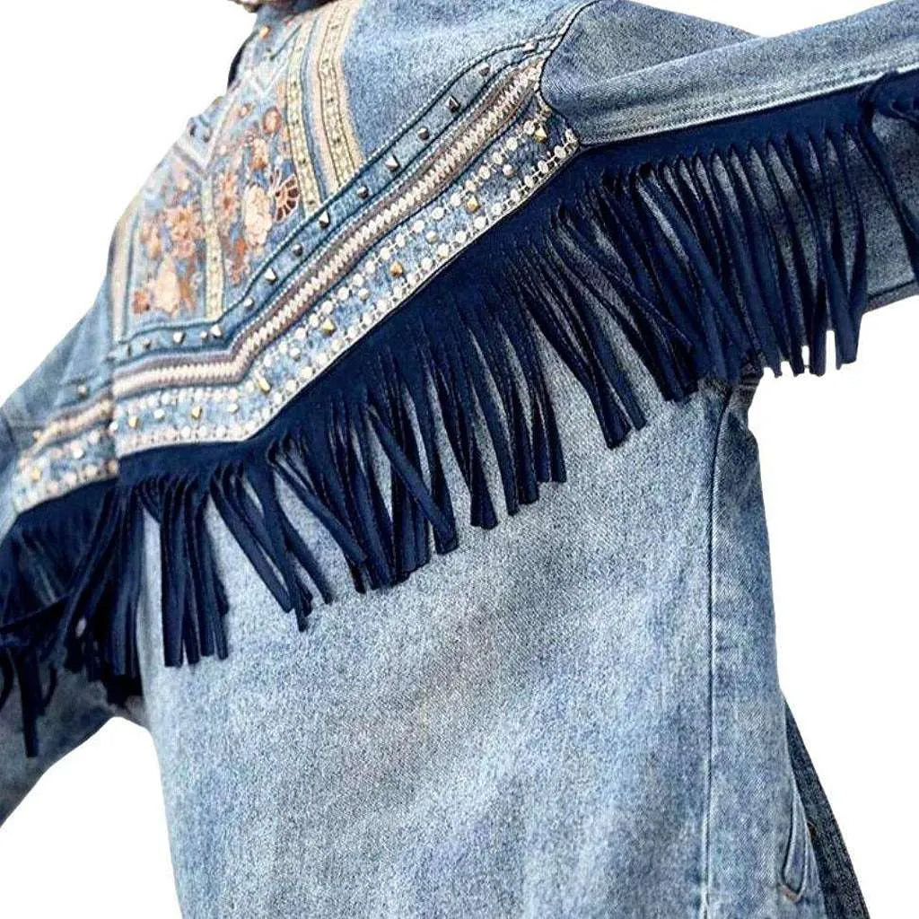 Embroidered fringe denim jacket
 for ladies