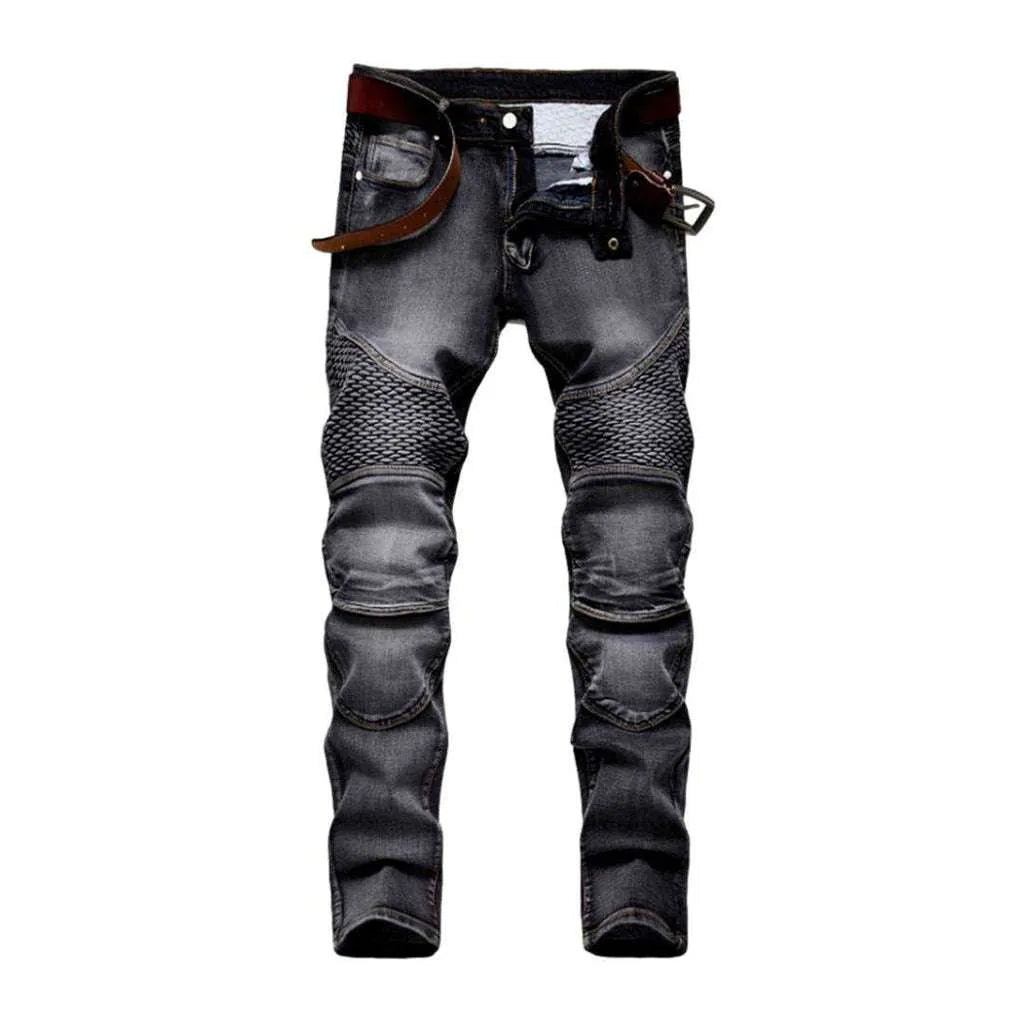 Embroidered grey biker men's jeans