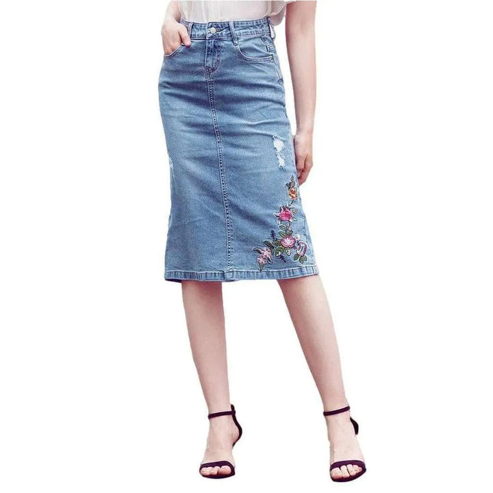 Embroidered ripped midi denim skirt