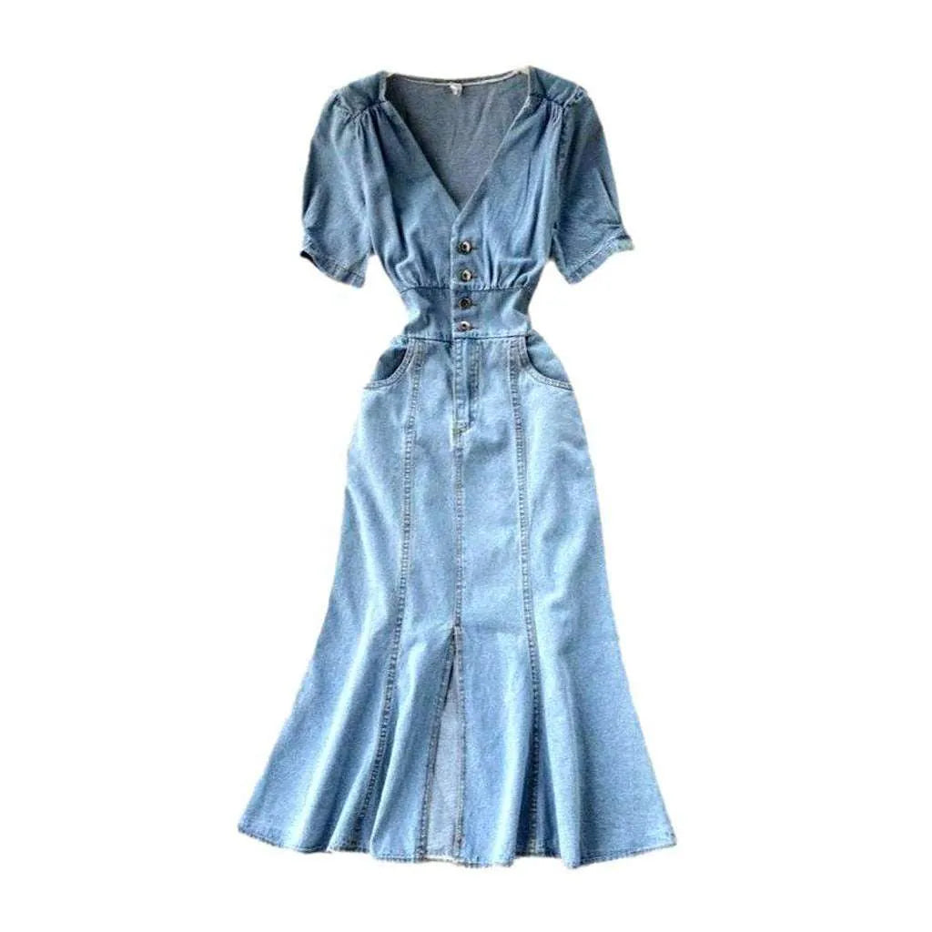 Empire Flared Light Jeans Dress - Light Blue